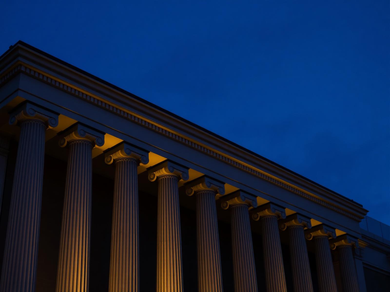 Classical financial building at dusk